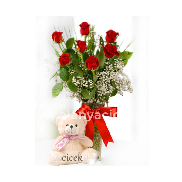 7 Roses in Vase and Teddy Resim 2