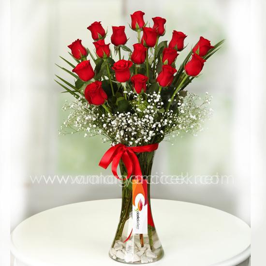 17 rote Rosen in einer Vase Resim 2