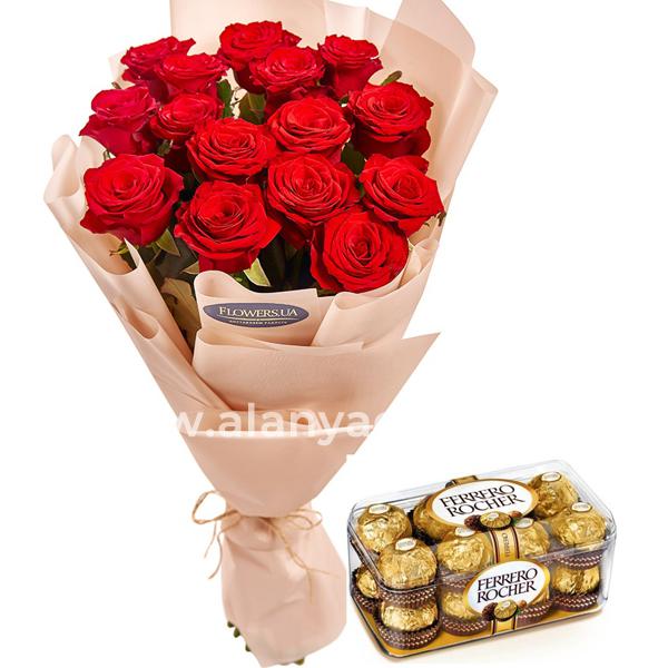 15 Red Roses and Ferrero Rocher Resim 1