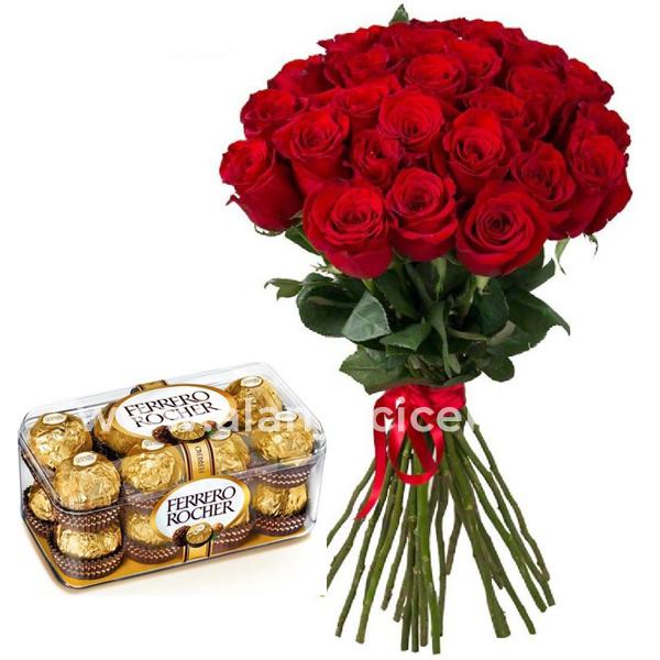 Букет из 21 красной розы Ferrero Rocher  Resim 1