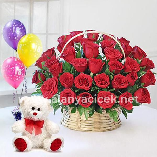İn Basket 45 Roses Teddy and Balloons Resim 1