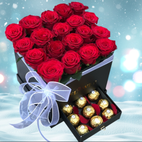  Цветы в Алании 21 роза и шоколад в коробке
