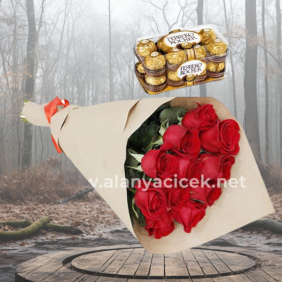  Alanya Çiçek Siparişi 11 Kırmızı Gül ve Ferroli Rocher