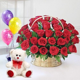  Alanya Blumenlieferung İn Basket 45 Roses Teddy and Balloons