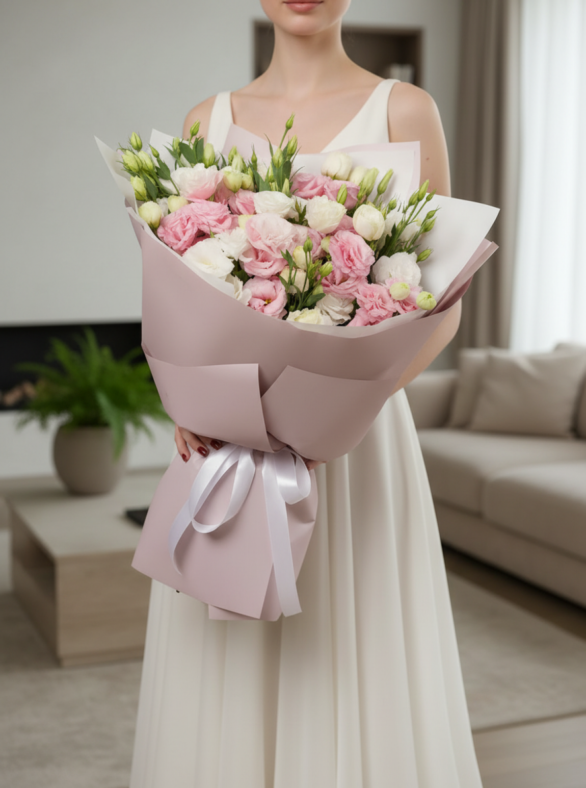 15 Beyaz Gül ve Pembe Buket