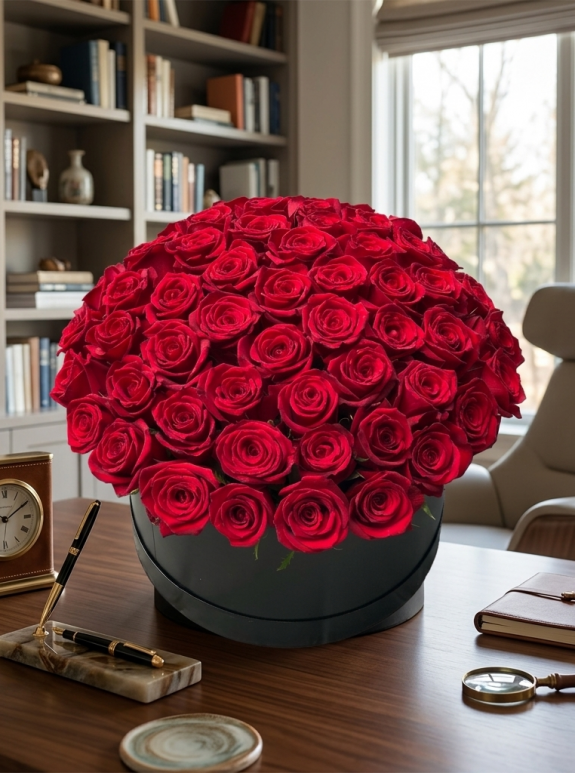 65 rote Rosen in einer Schachtel