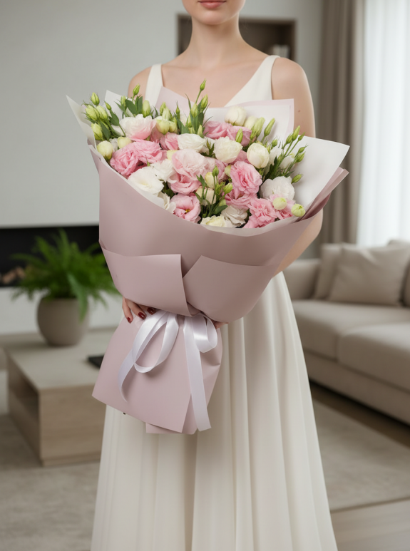 15 Beyaz Gül ve Pembe Buket